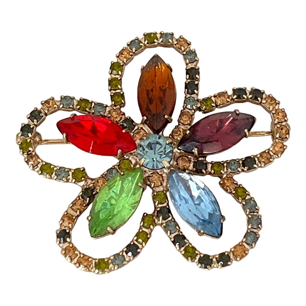 Vintage 1960s Floral Brooch Multicolor Rhinestone Gold Tone - 4I